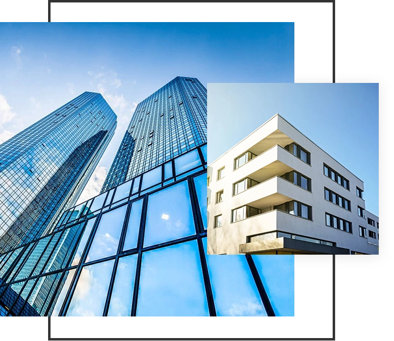 A picture of two buildings with one building in the background.